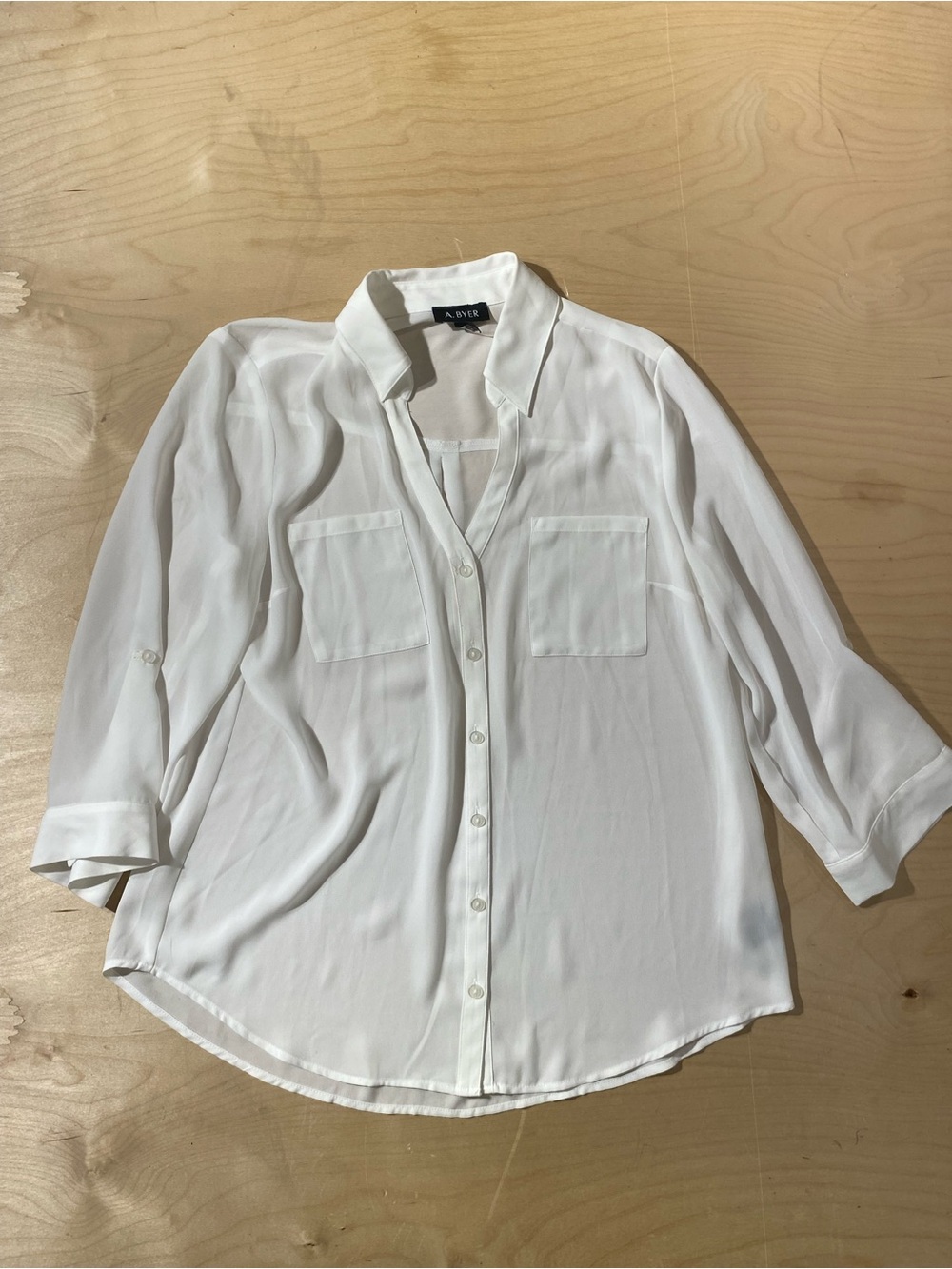 A. Byer Semi-Sheer White Button Front Blouse Large (SH)